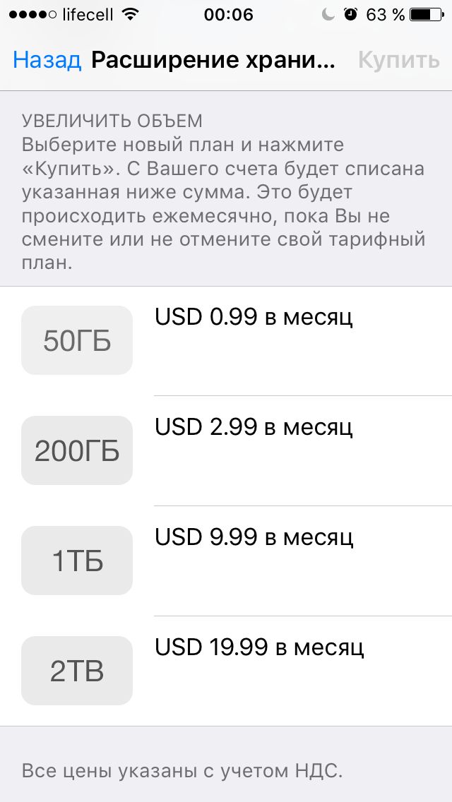 Цены на дополнительное место в iCloud за месяц