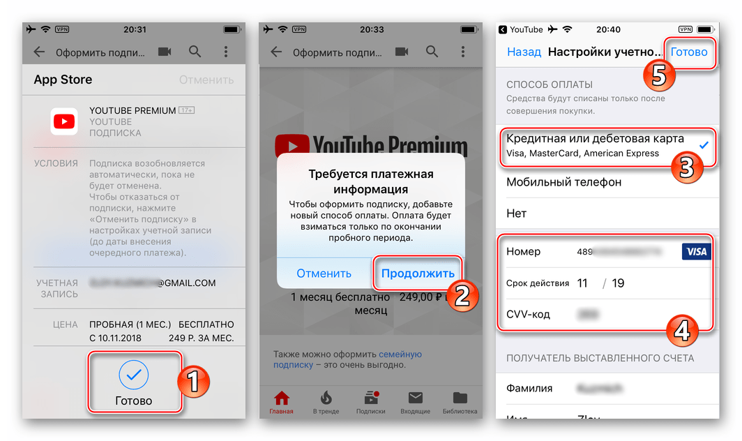 YouTube для iPhone - привязка платежной карты к AppleID при покупке Premium подписки